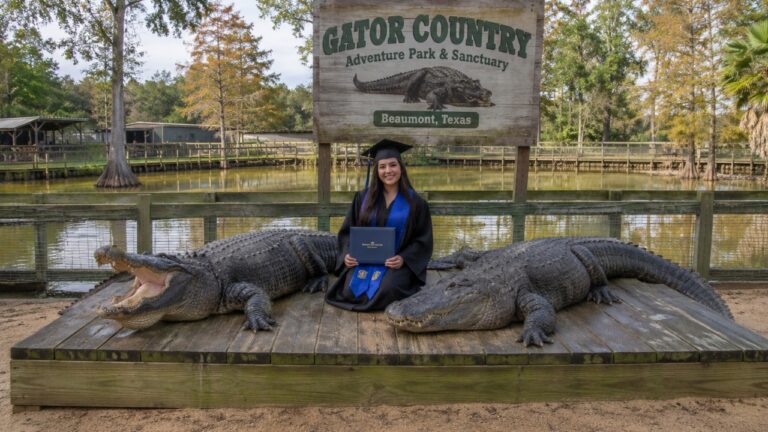 College Graduate Took Graduation Photos With Massive Texas Alligators Named Big Al and Tex