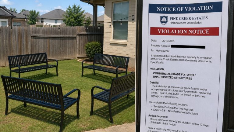 First-Time Homeowner Says HOA Cited Him for “Commercial Grade Fixtures” After a Neighbor Mocked His Backyard Benches
